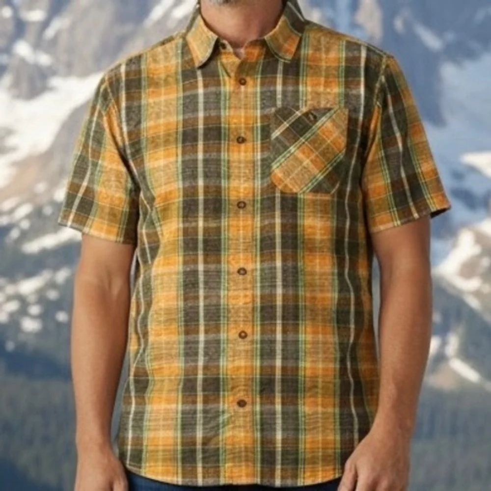 The North Face Mens Plaid Short Sleeve Button Down Shirt LG‎ Orange Brown Green